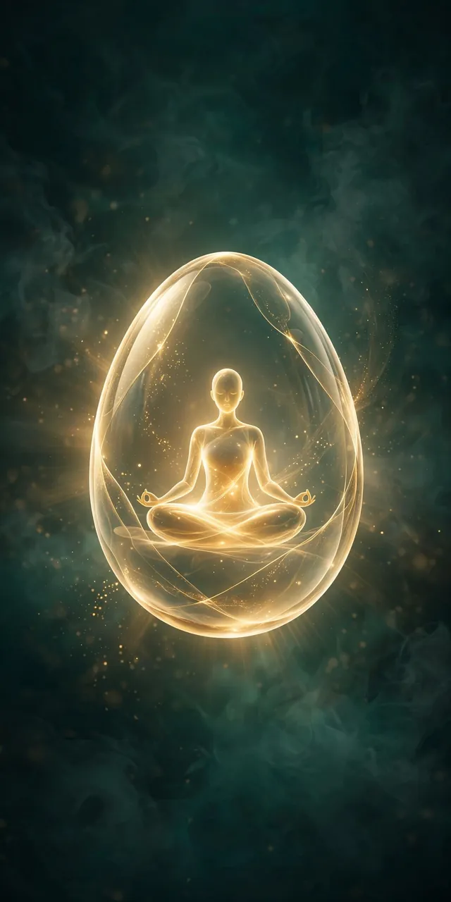 A glowing golden egg vessel with a meditator inside, on deep emerald